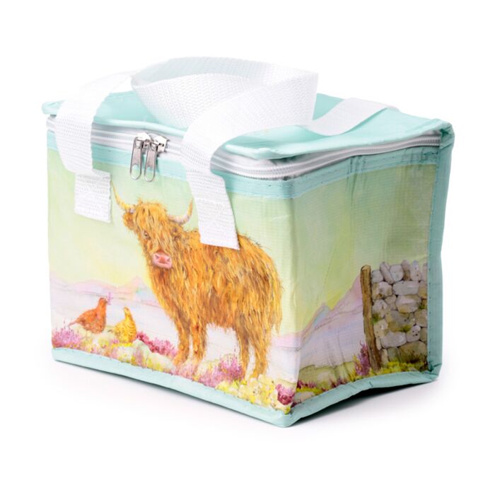 insulated highland coo lunch bag front profile showing structured shape and size