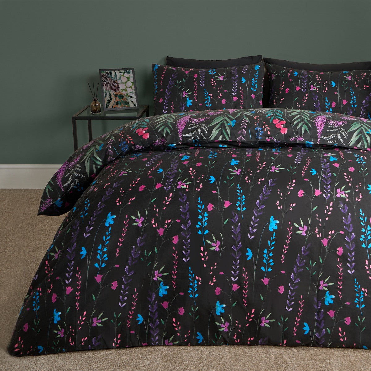 Black floral super king size duvet cover set with vibrant flowers on black background