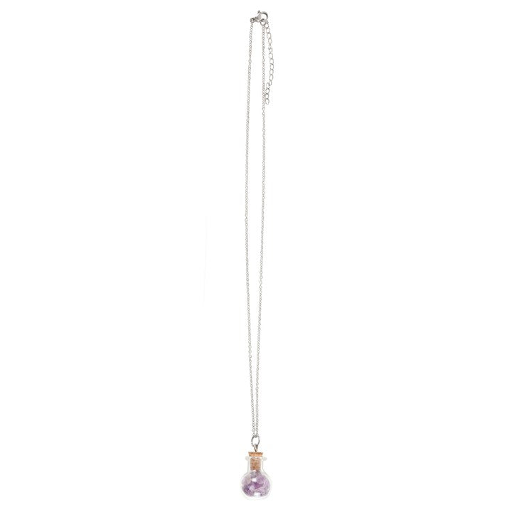 full view of amethyst potion bottle necklace showing chain and bottle pendant