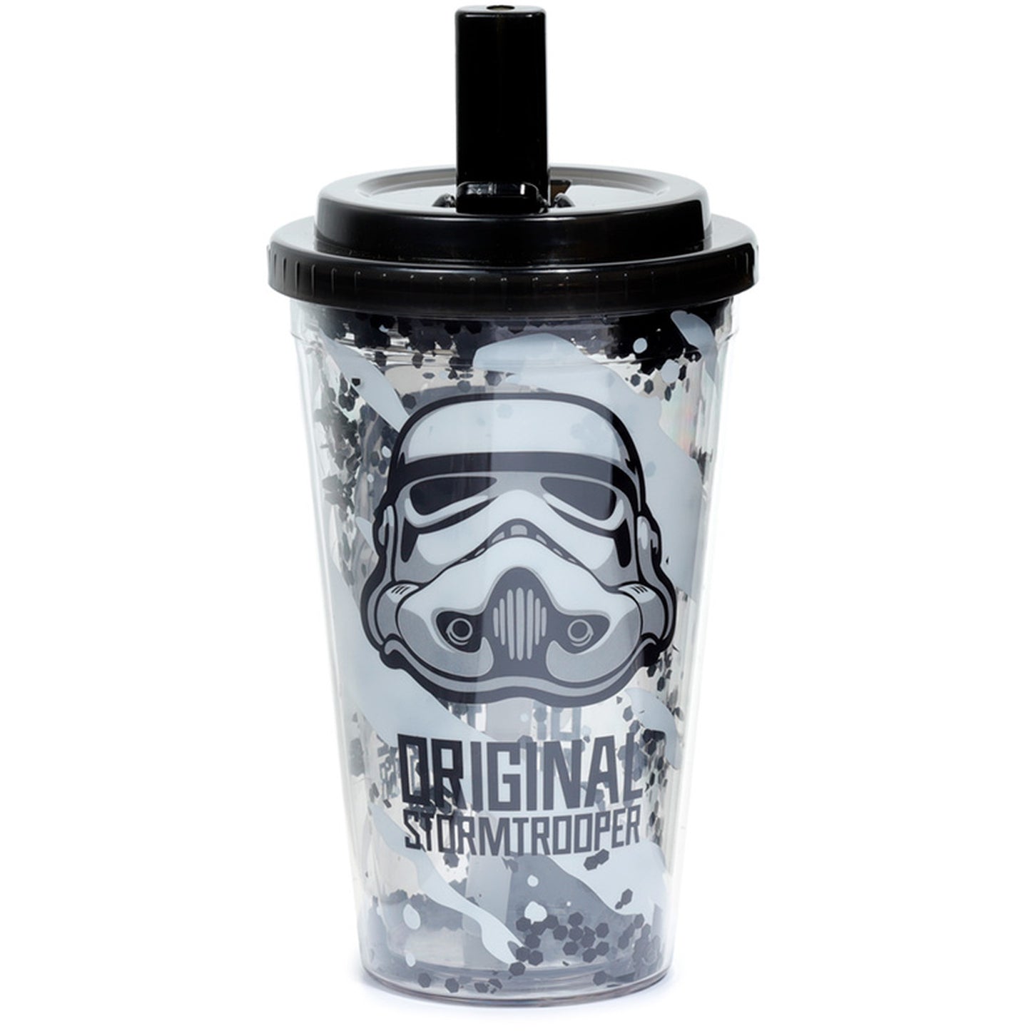 front view of stormtrooper double walled cup with straw, showcasing design and size details