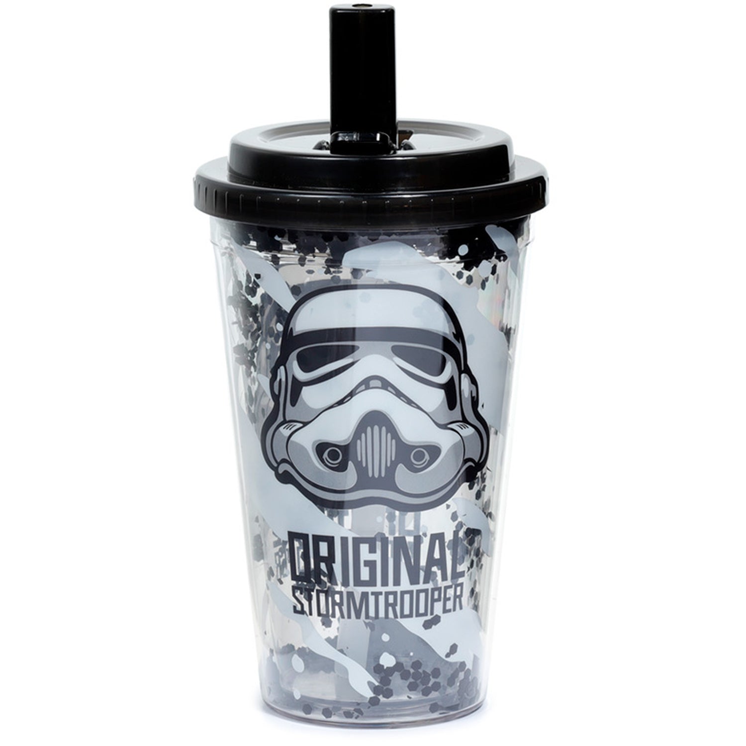 front view of stormtrooper double walled cup with straw, showcasing design and size details