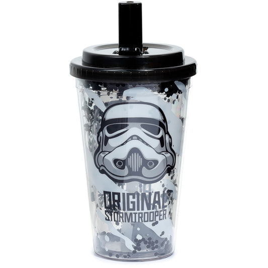 front view of stormtrooper double walled cup with straw, showcasing design and size details