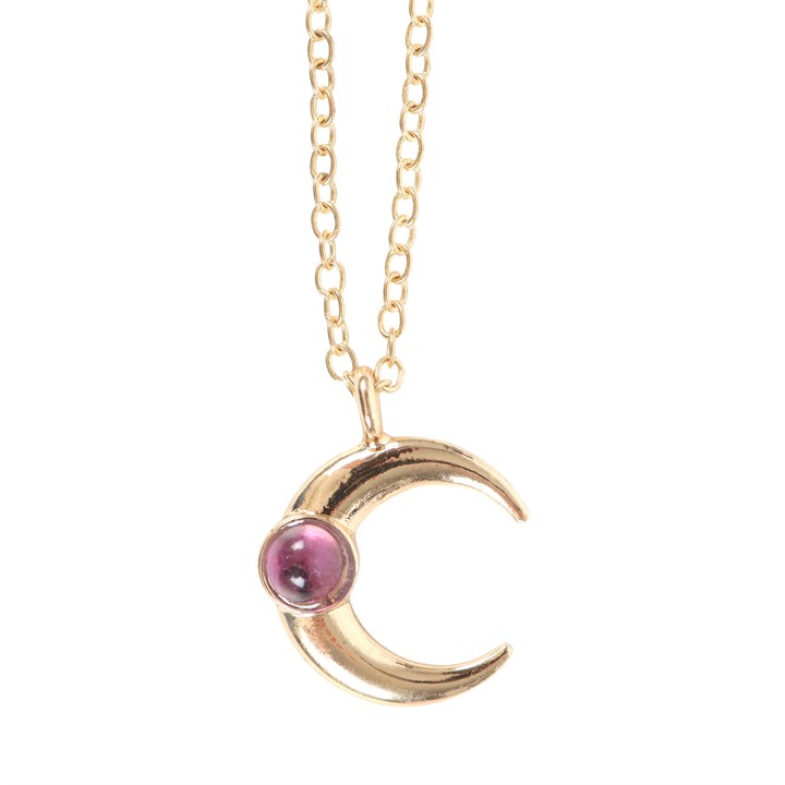 full view of moon and amethyst crystal necklace showing chain and pendant