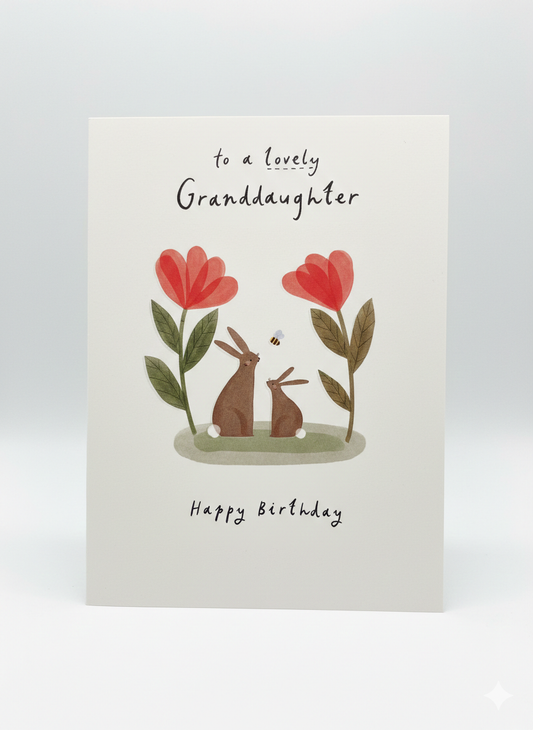 granddaughter birthday greeting card rabbits and flowers illustration soft sentimental design blank inside