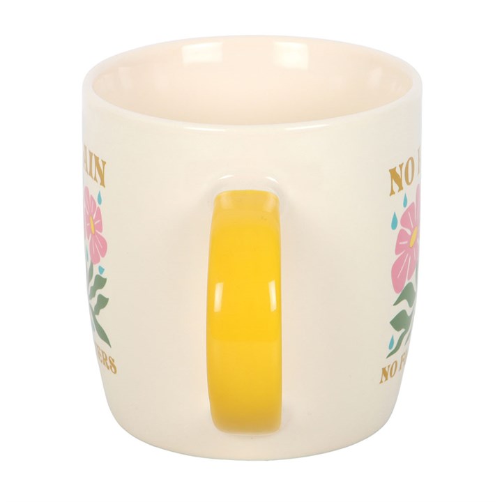 no rain no flowers mug side view highlighting contrasting handle design