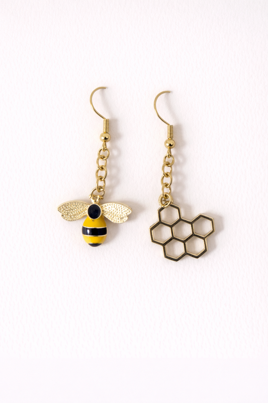 bee and honeycomb drop earrings mismatched quirky design playful lightweight everyday jewellery