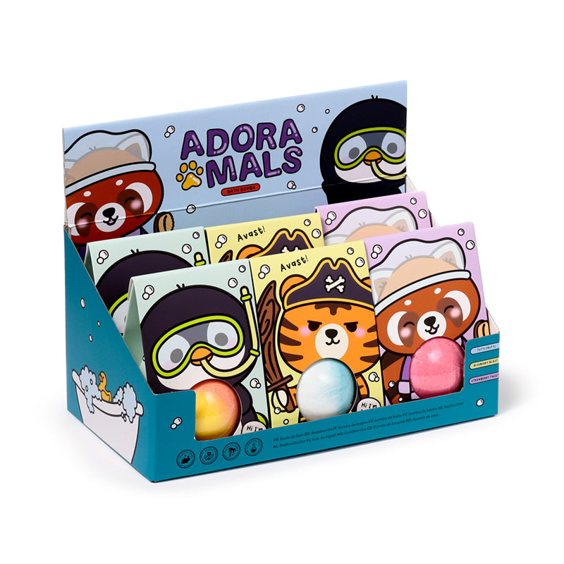 bath bomb adoramals wild gift box display showing multiple boxed products arranged in a retail counter display