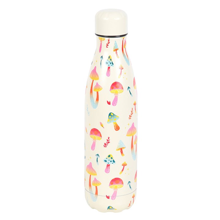 colourful mushroom design water bottle shown from alternative angle for full pattern view