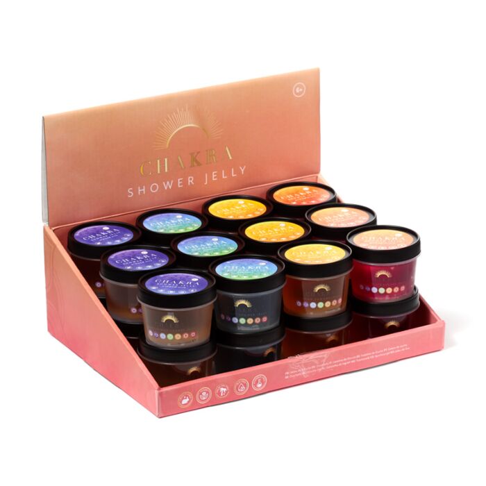 retail display of assorted chakra shower jelly products in packaging