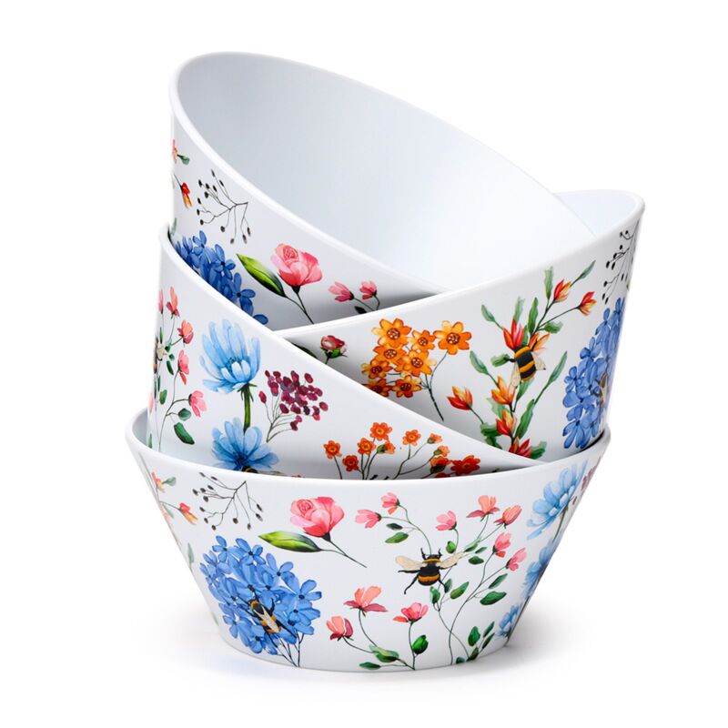 same set of 4 nectar meadows picnic bowls, showing all bowls together