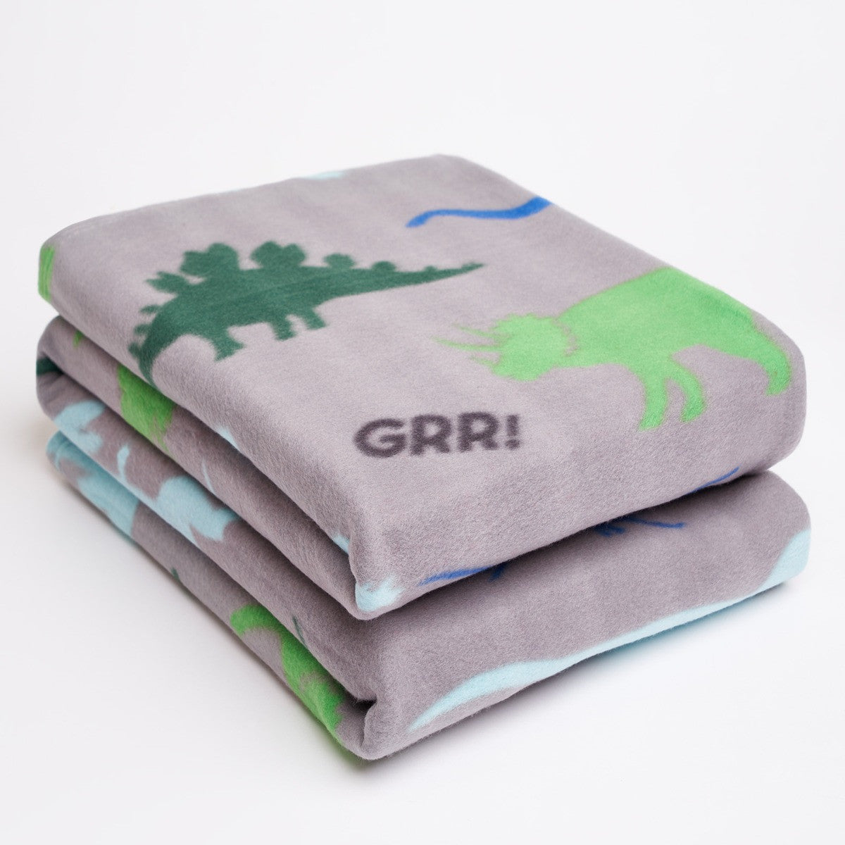dinosaur fleece throw blanket folded showing grey background with colourful dinosaur print