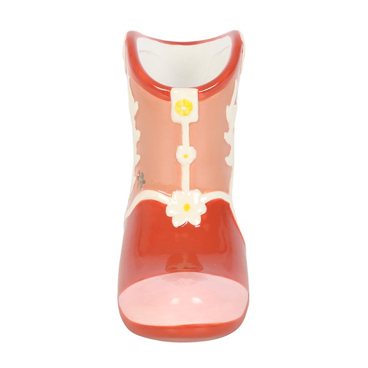 toe view of pink cowboy boot oil burner showing decorative floral detail