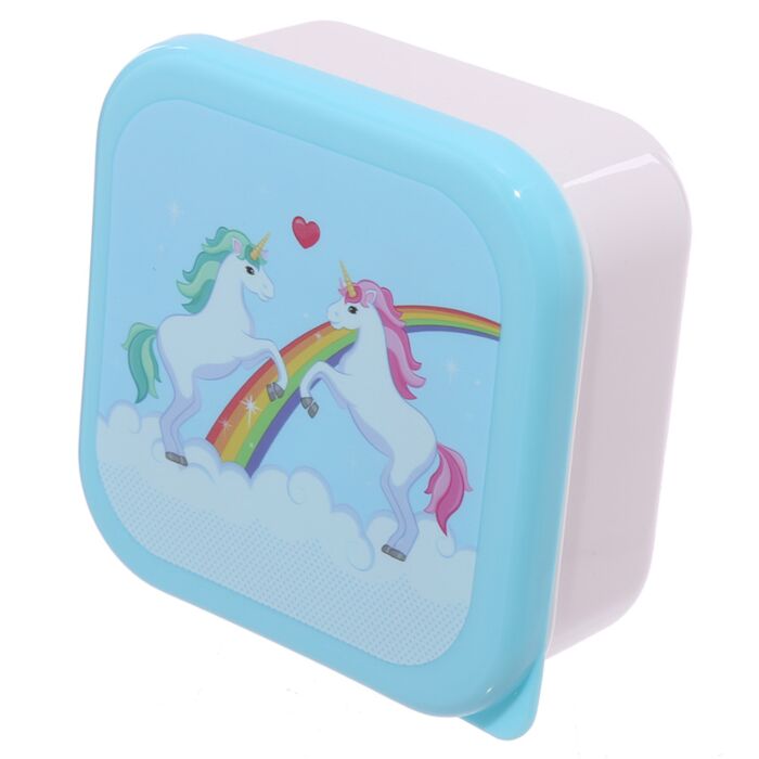 three unicorn lunch boxes displayed together showing different sizes in matching design