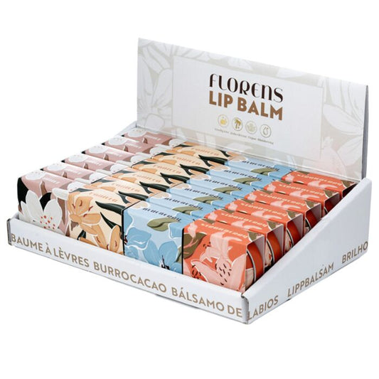 florens lip balm tin boxed retail display showing four flavour variants