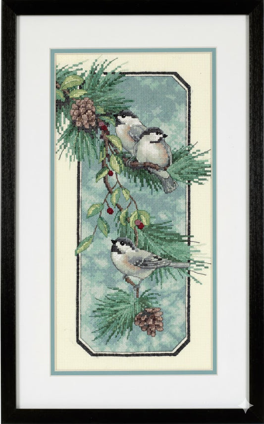 cross stitch kit chickadees on branch stamped design needlecraft kit with threads and fabric