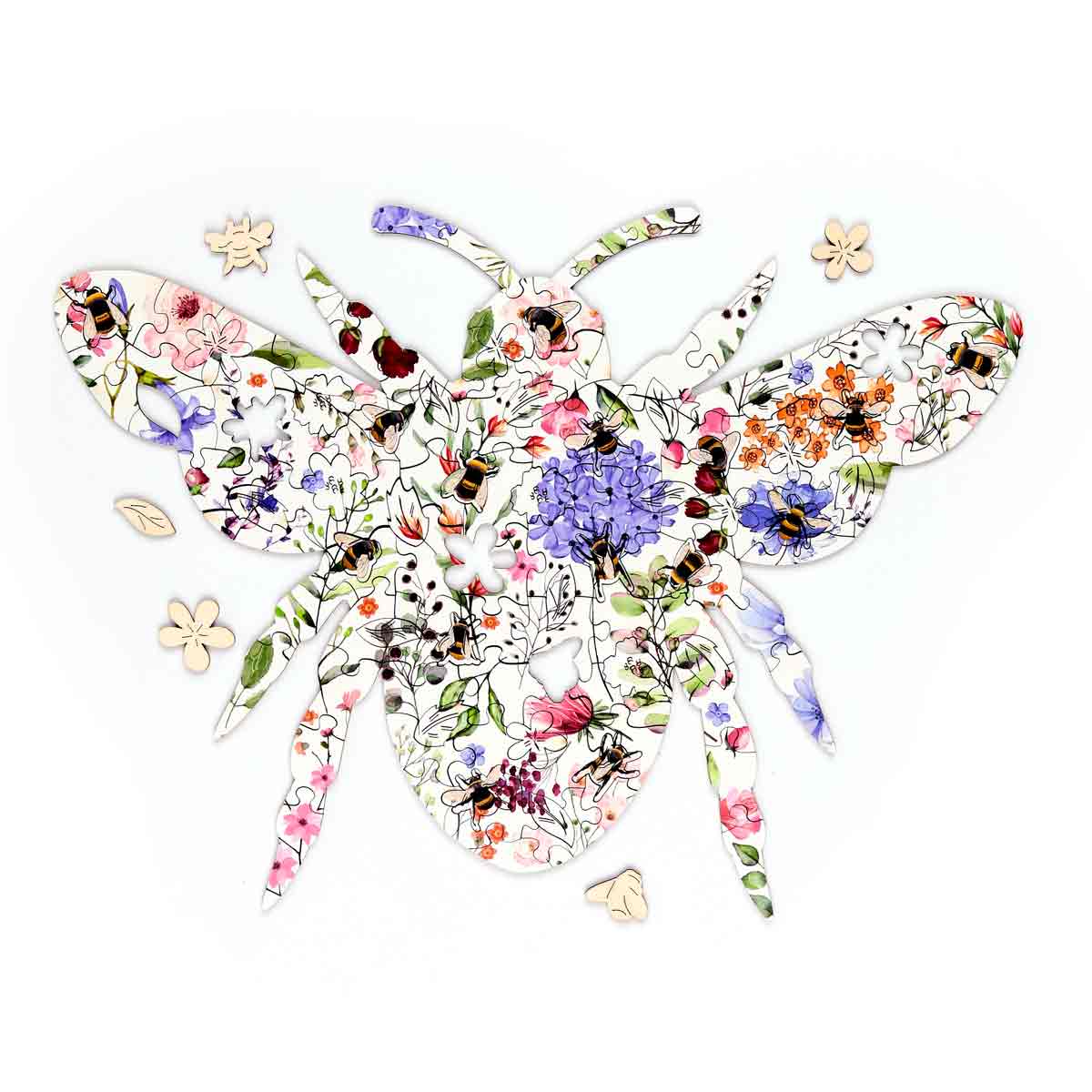 bee themed wooden jigsaw puzzle pieces detail