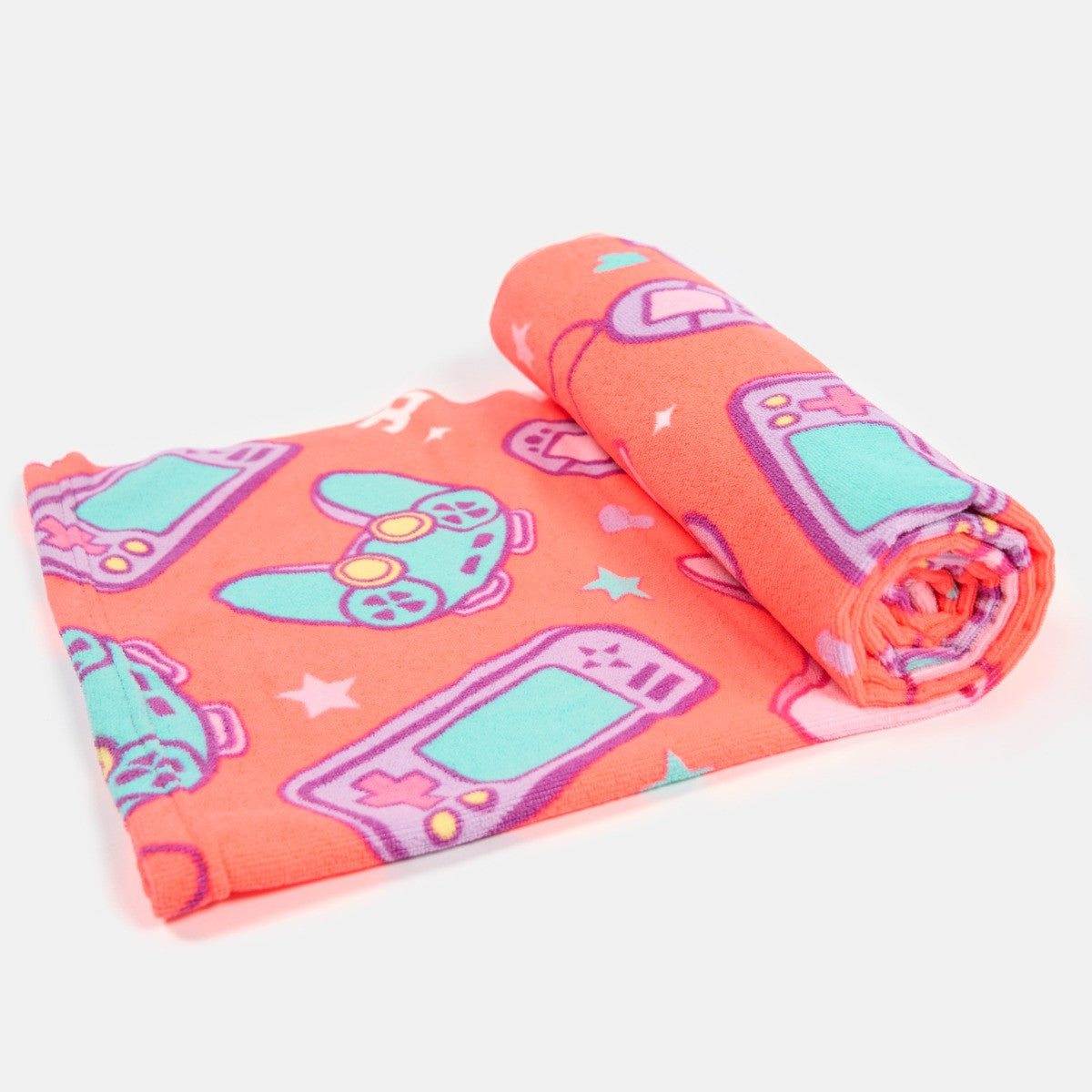 Coral console gamer microfibre beach towel semi rolled, compact kids gaming towel for beach or pool