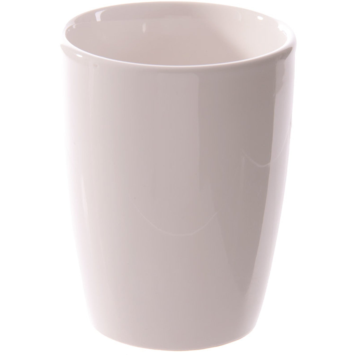 back view of plain white ceramic mug without wings