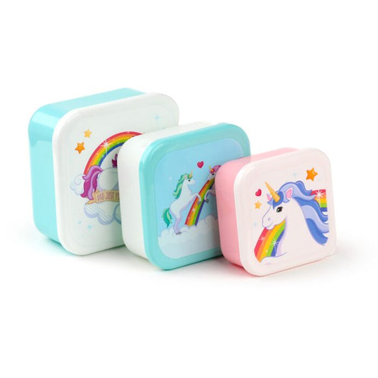 set of three unicorn lunch boxes stacked together showing coordinated enchanted rainbow design