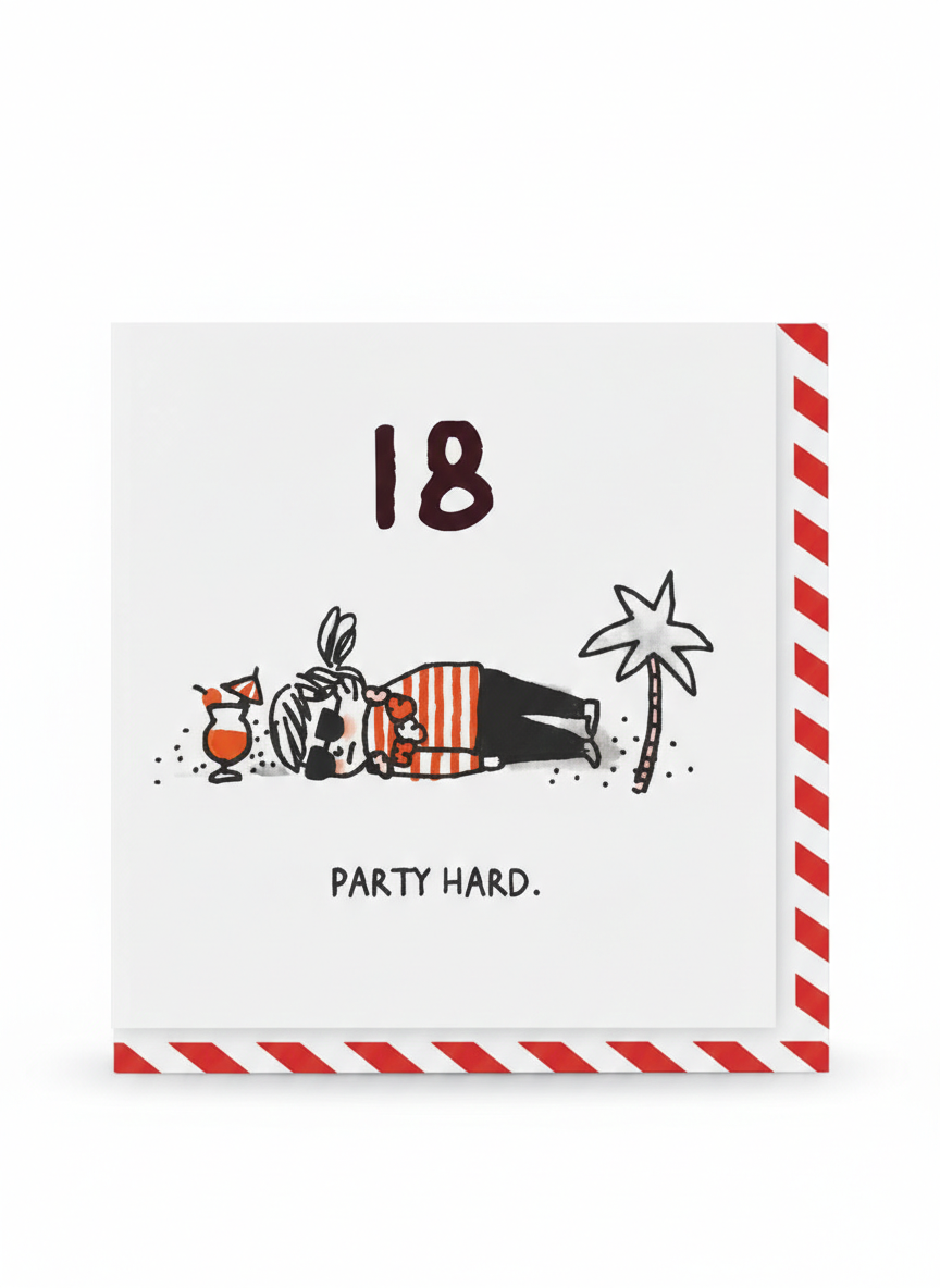 18th birthday greeting card humorous party themed design bold text by gemma correll
