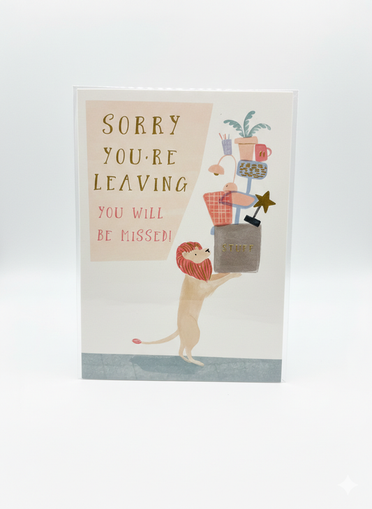 leaving greeting card lion illustration giving plant sentimental farewell design blank inside
