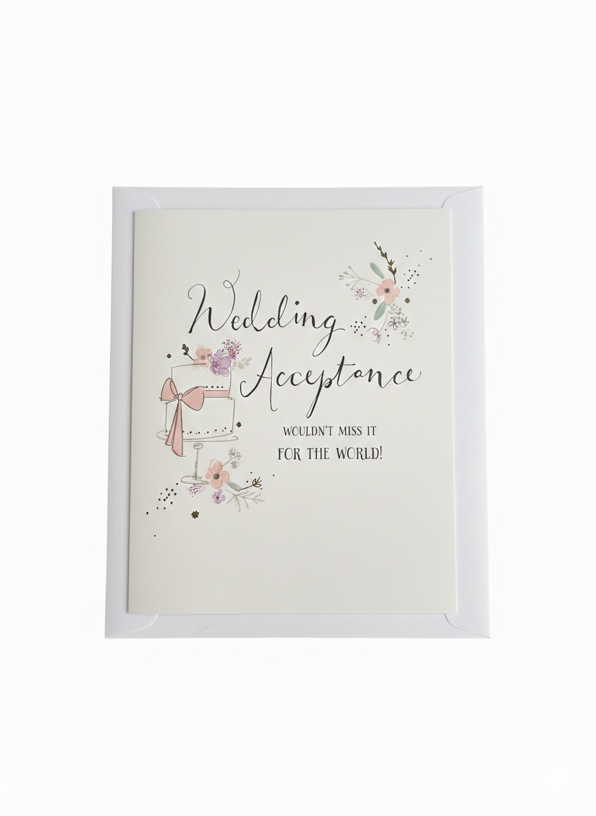 wedding acceptance card cake illustration floral design celebratory response card blank inside