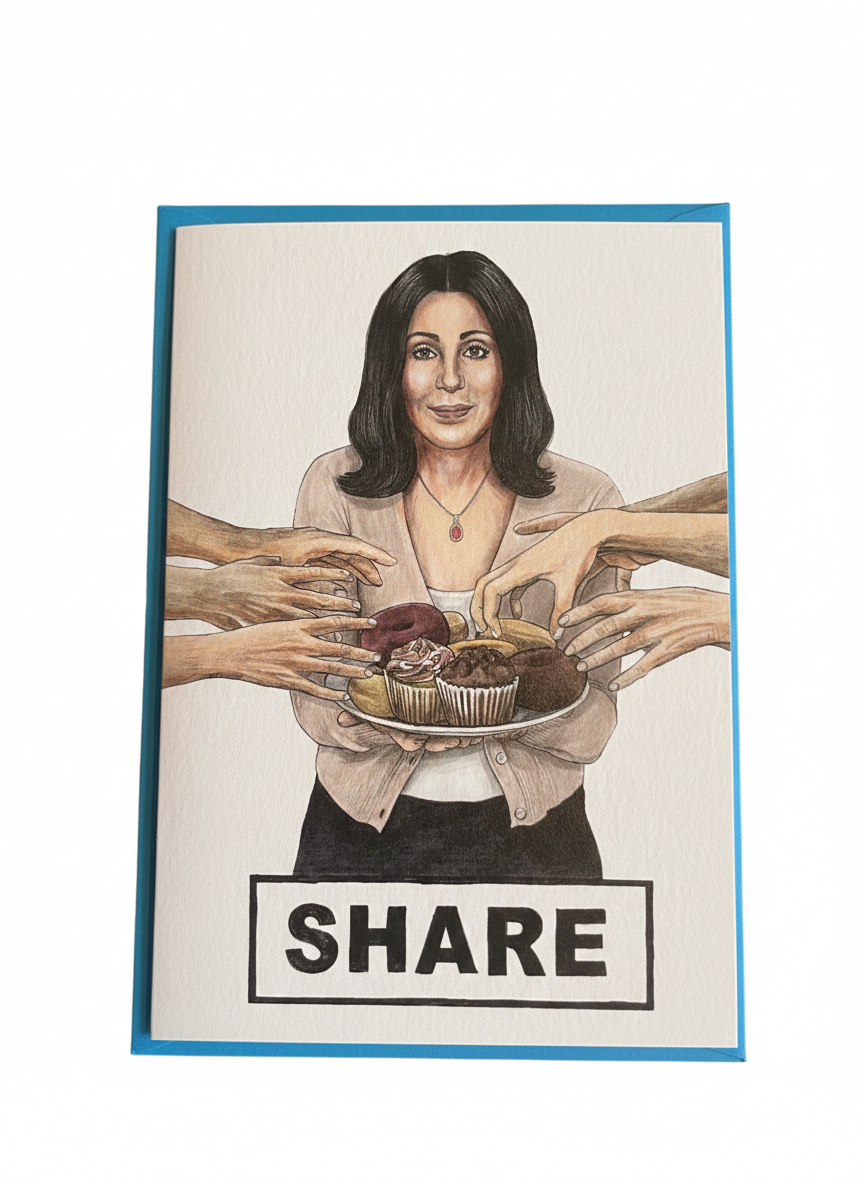 humorous greeting card cher illustration with cupcakes pop culture design blank inside