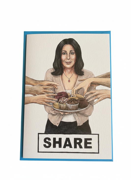 humorous greeting card cher illustration with cupcakes pop culture design blank inside