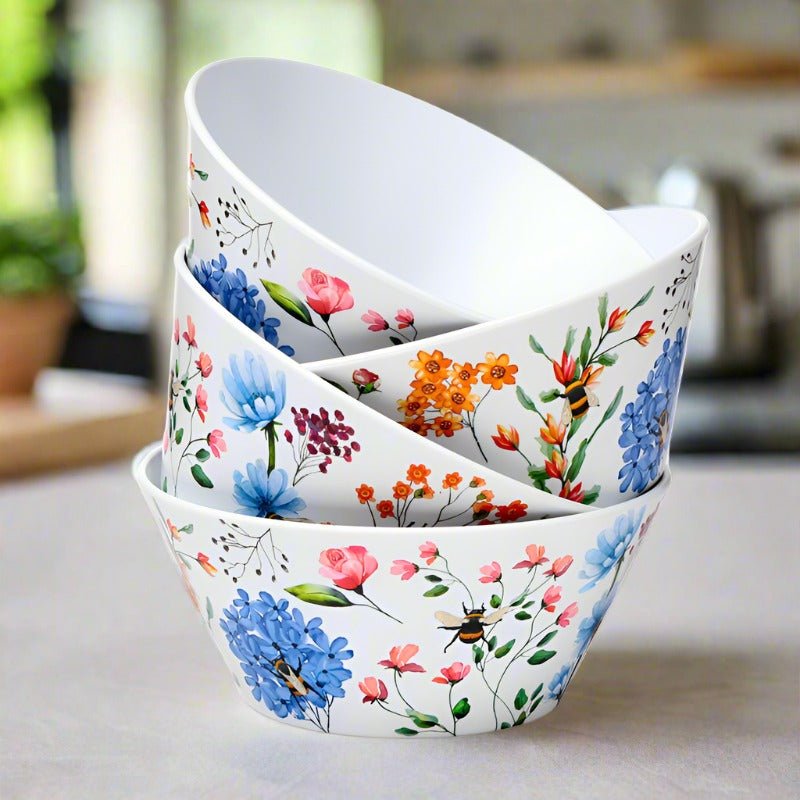 set of 4 nectar meadows picnic bowls stacked in a home setting with nature-inspired design