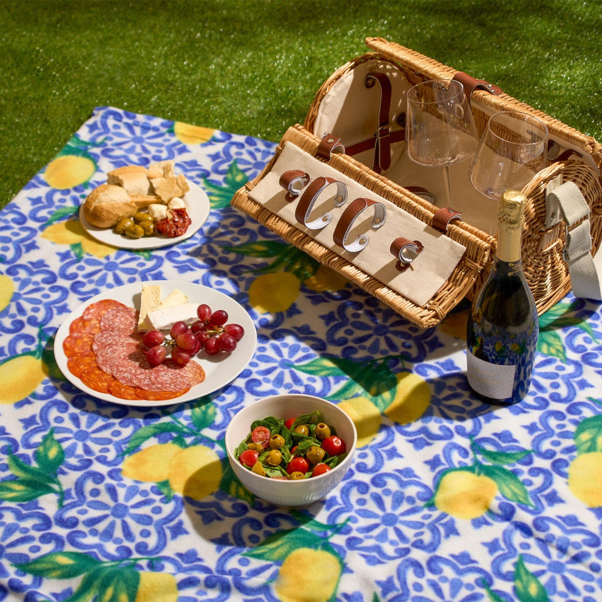 lemon themed fleece throw used as picnic blanket for casual outdoor dining