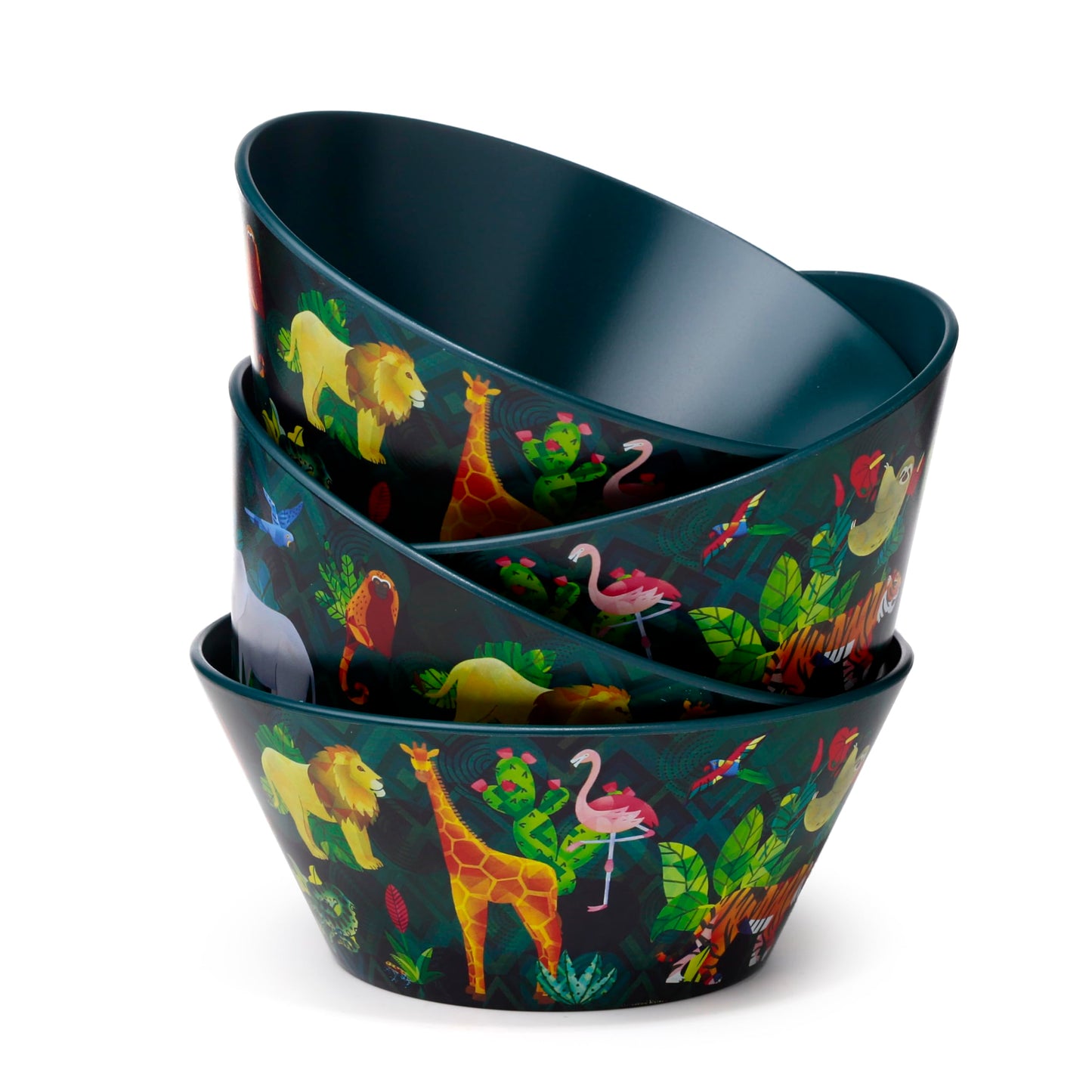 animal kingdom picnic bowls arranged in an offset stacked display showing multiple bowls