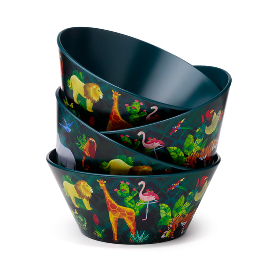animal kingdom picnic bowls arranged in an offset stacked display showing multiple bowls