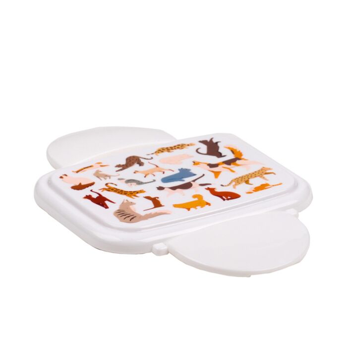 feline fine stacked bento box lid showing playful animal design on top
