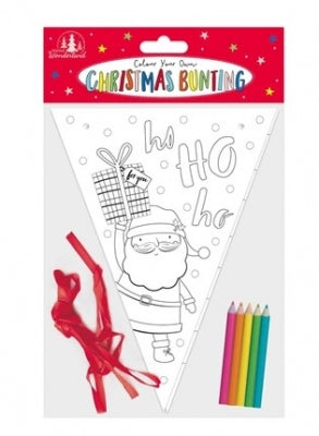 christmas colour your own bunting, includes 12 pre-cut paper flags, string for hanging, 5 colouring pencils, perfect for festive DIY decorations