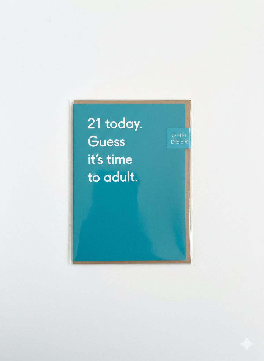 21st birthday greeting card featuring time to adult design with humorous milestone theme