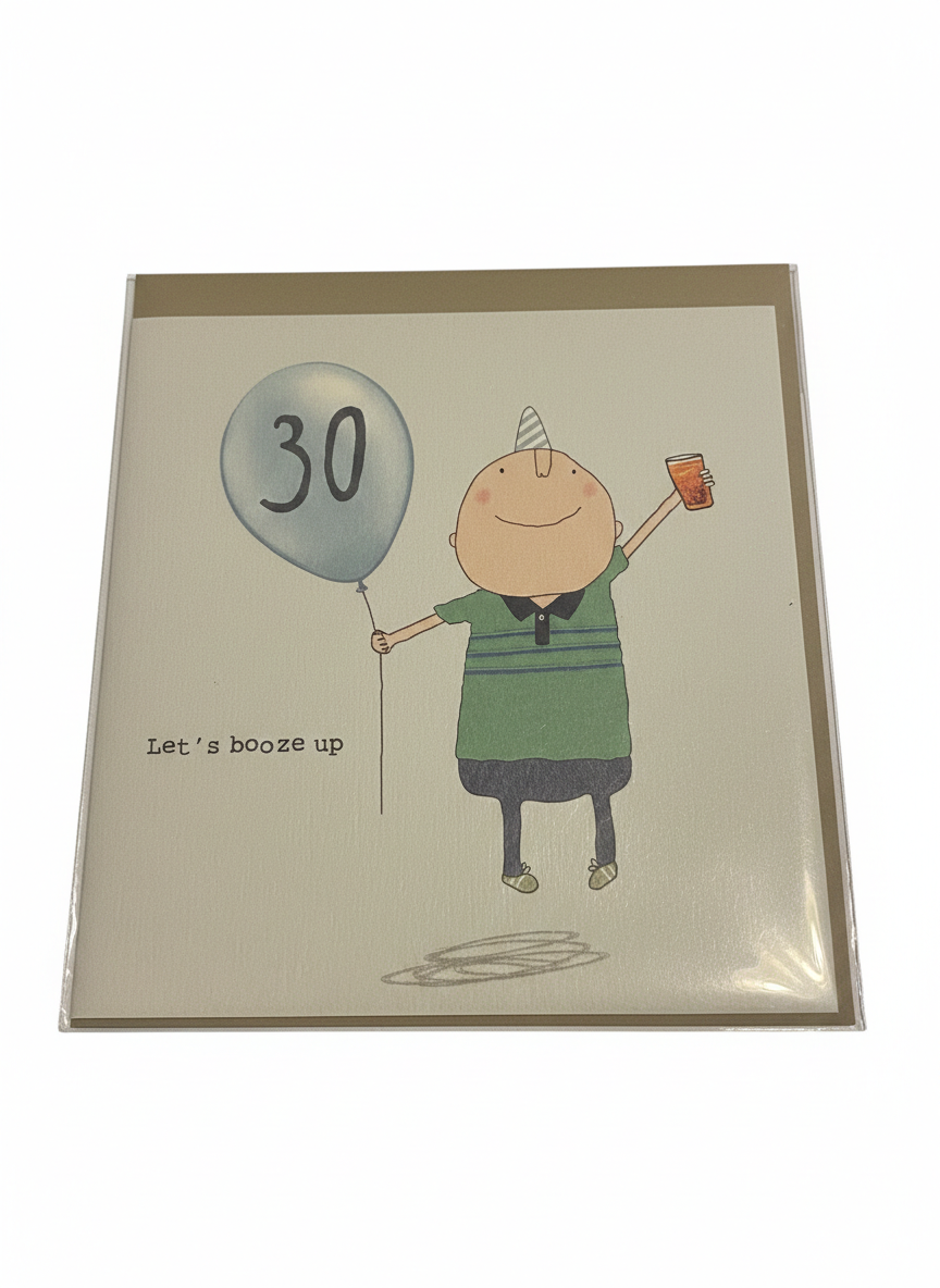 30th birthday greeting card featuring male character with balloon design for fun milestone celebration