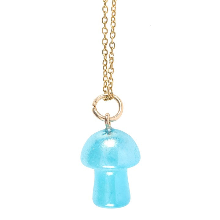 close up of blue mushroom pendant highlighting vibrant colour and playful design
