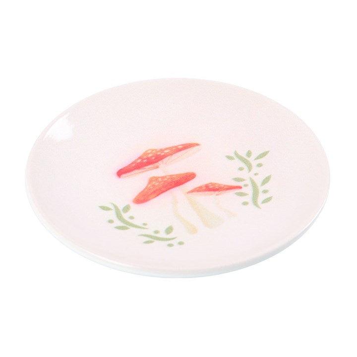 mushroom themed trinket dish angled view showing shallow dish shape
