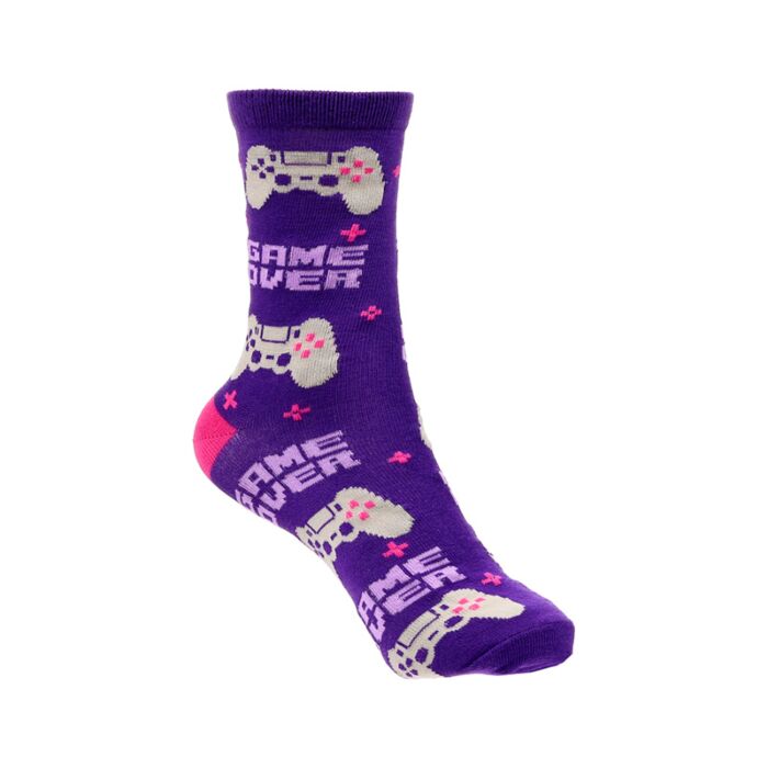 game over socks close view showing gaming themed pattern and text