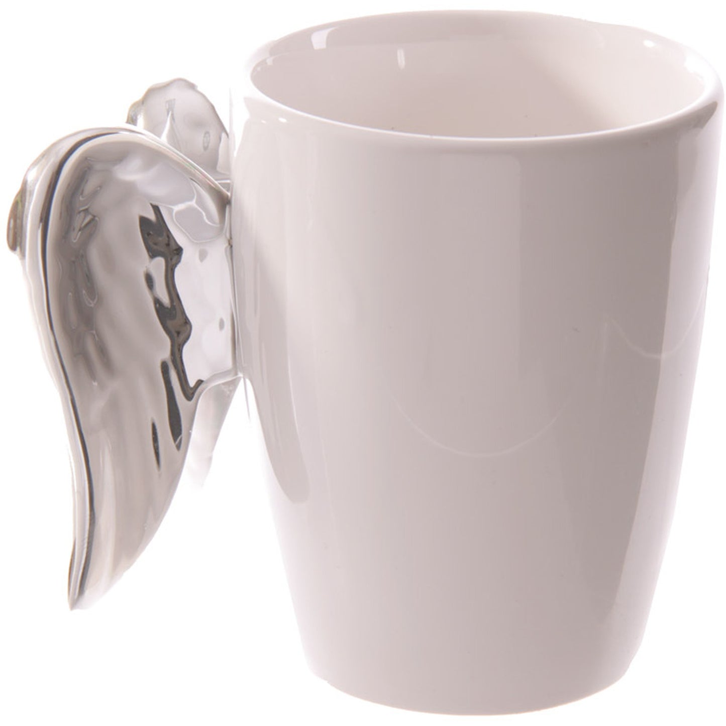 alternative side view of ceramic mug with angel wings shaped handle