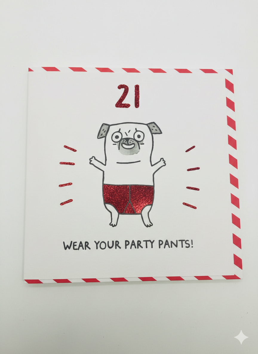 21st birthday greeting card featuring party pants design with bold playful milestone humour