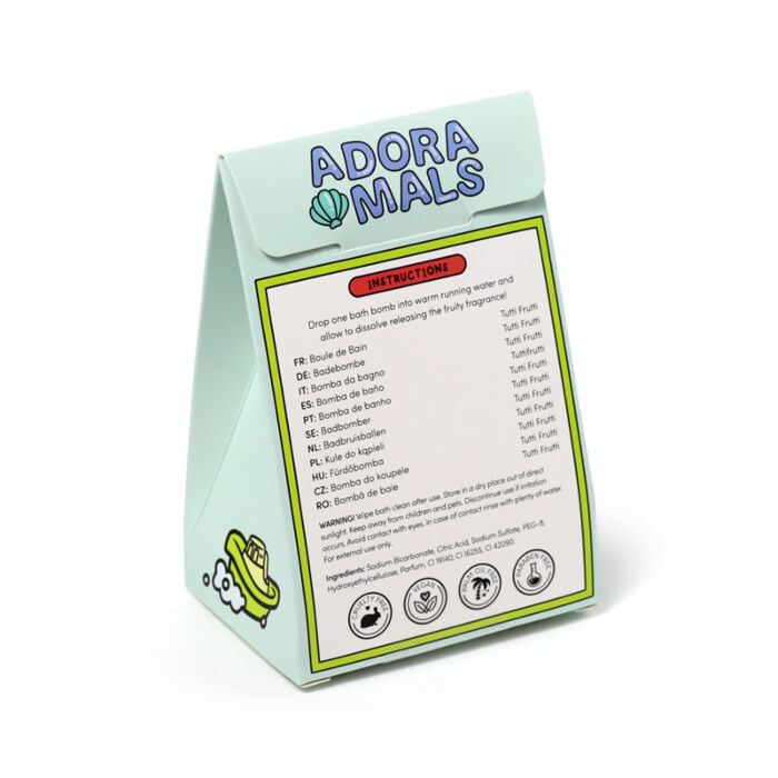 bath bomb adoramals wild gift box showing back of packaging with ingredients and usage information