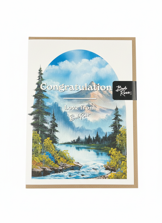 congratulations greeting card with landscape illustration inspired by bob ross uplifting design blank inside