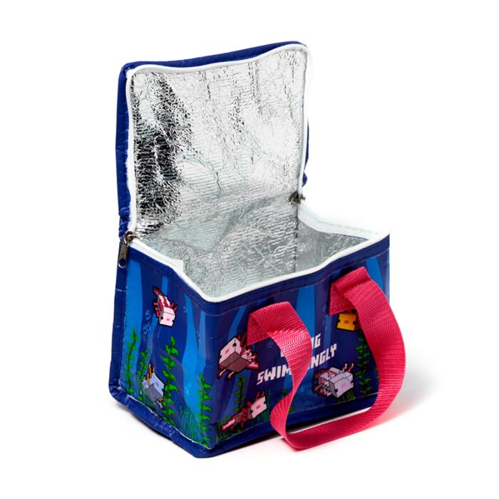 Minecraft Axolotl Insulated Cool Bag Lunch Bag open, showing interior storage space