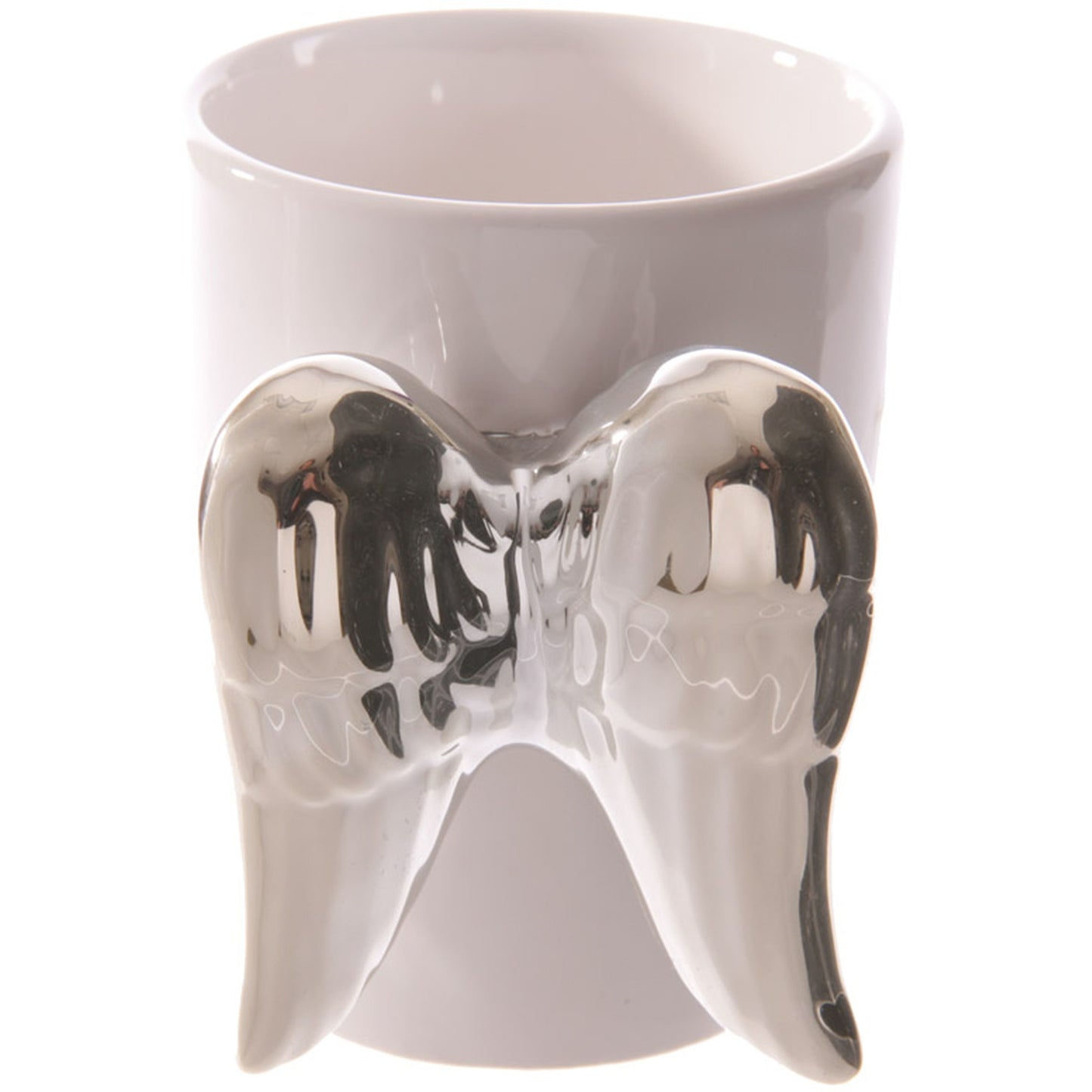 front view of ceramic mug with angel wings shaped handle