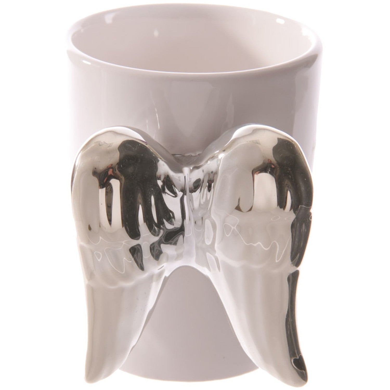 front view of ceramic mug with angel wings shaped handle