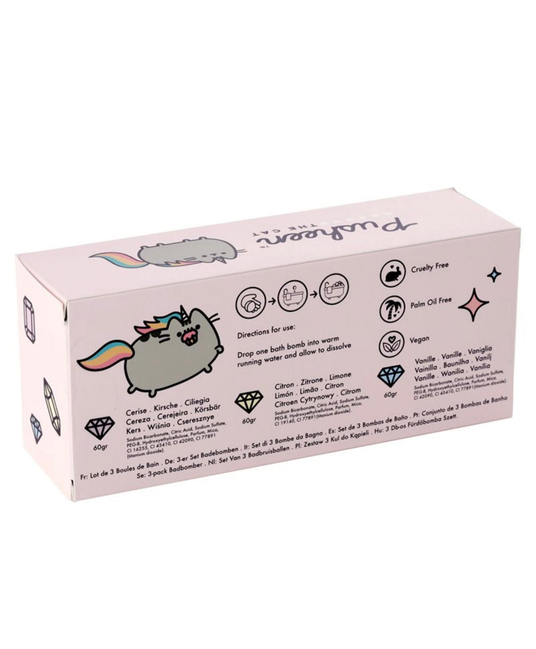 pusheen bath fizzers set of 3 showing back of packaging with ingredients and usage information
