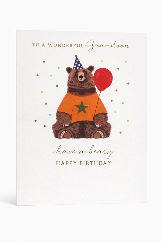 grandson birthday greeting card bear with balloon illustration cute childrens design blank inside
