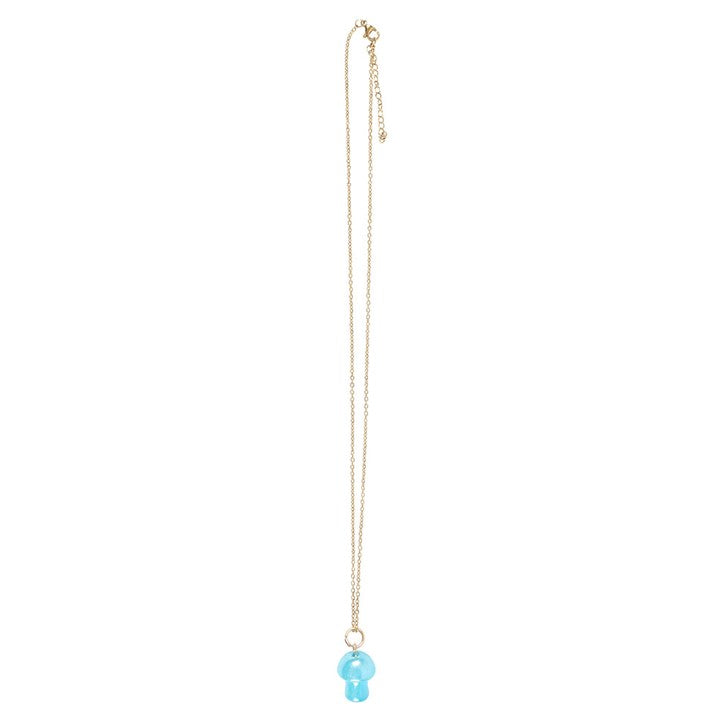 full view of blue mushroom aura necklace showing chain and pendant