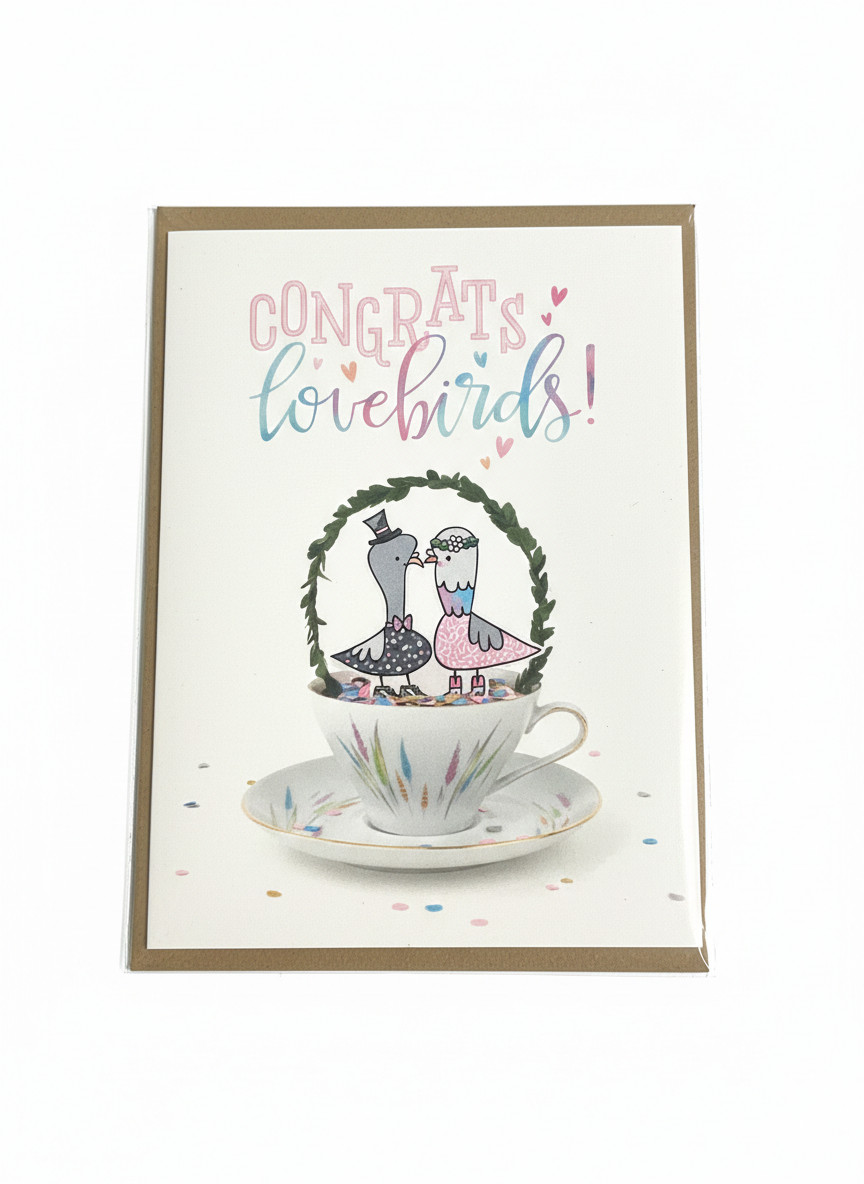 engagement greeting card with lovebirds illustration romantic design couple themed blank inside
